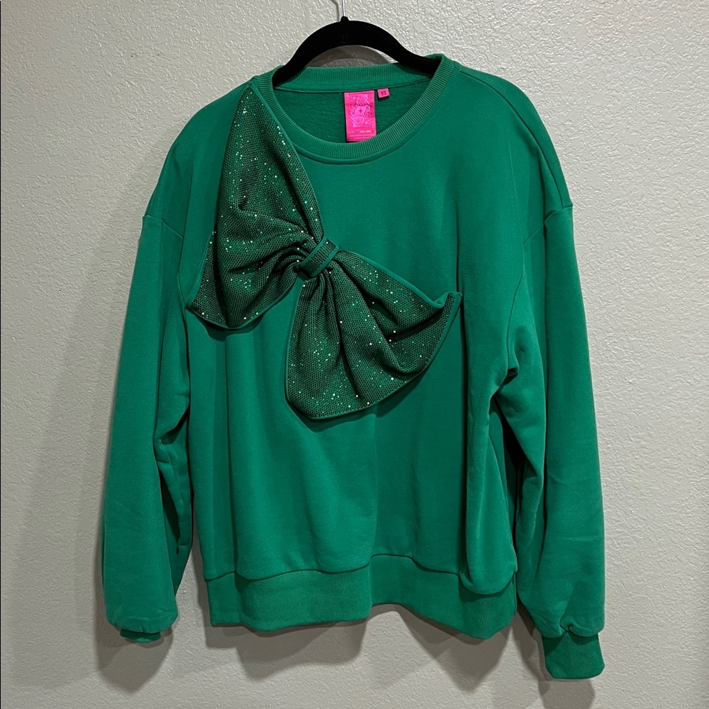 QOS Green Rhinestone Bow Sweatshirt